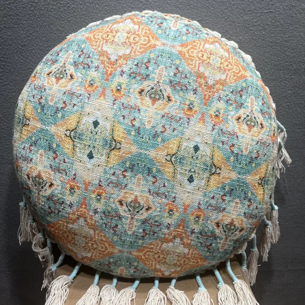 Vintage Bohemian Style Tassels Geometric Round Floor Pillow Orange/Blue 20”